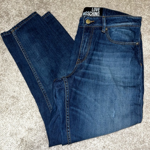 Love Moschino Distressed Denim Straight Leg Mid / High Waist Boyfriend Mom Jeans - Picture 3 of 7